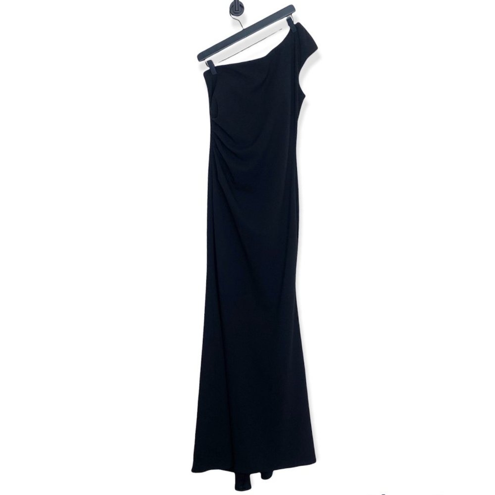 BHLDN Gerri One Shoulder Crepe Dress, sz 8, Black, EUC, Lined, Long Flared Gown - Picture 3 of 12
